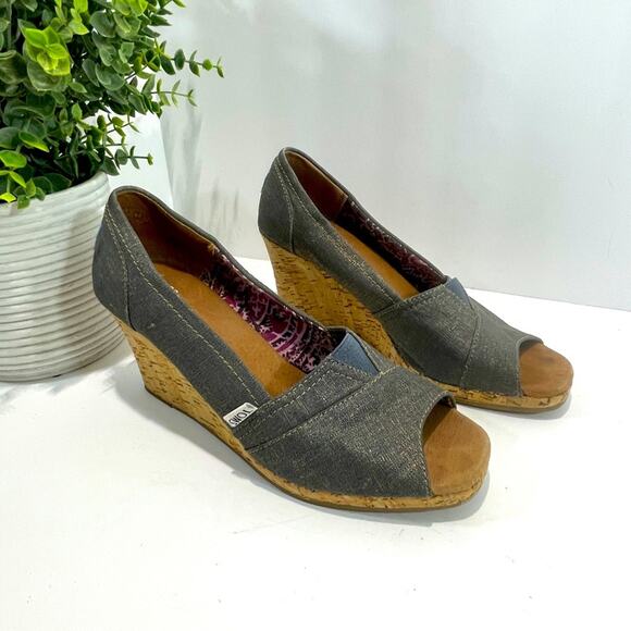Toms Wedge Sandals Peep Toe Corklike Heel Blue Jean Women’s Shoes Size 9 1/2 - Picture 2 of 15
